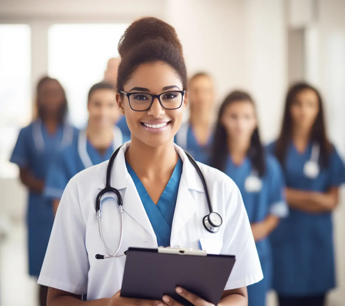 attractive female doctor with glasses and stading in front of slightly blurred out team of nurses